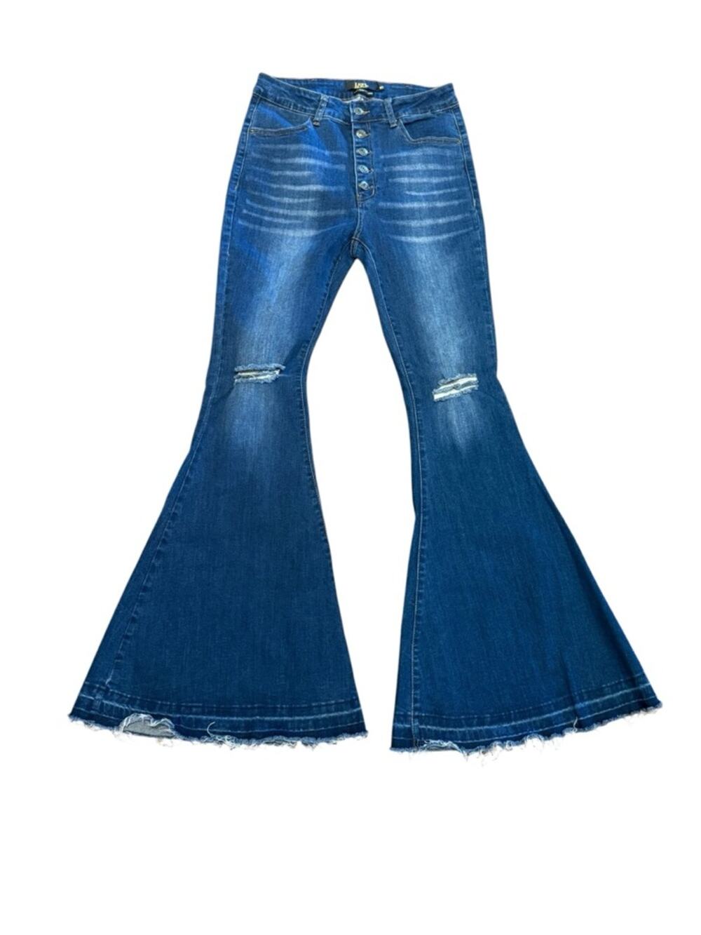 L&B Blue High-Rise Distressed Super Flare Jeans with Button Fly Womens Size 10